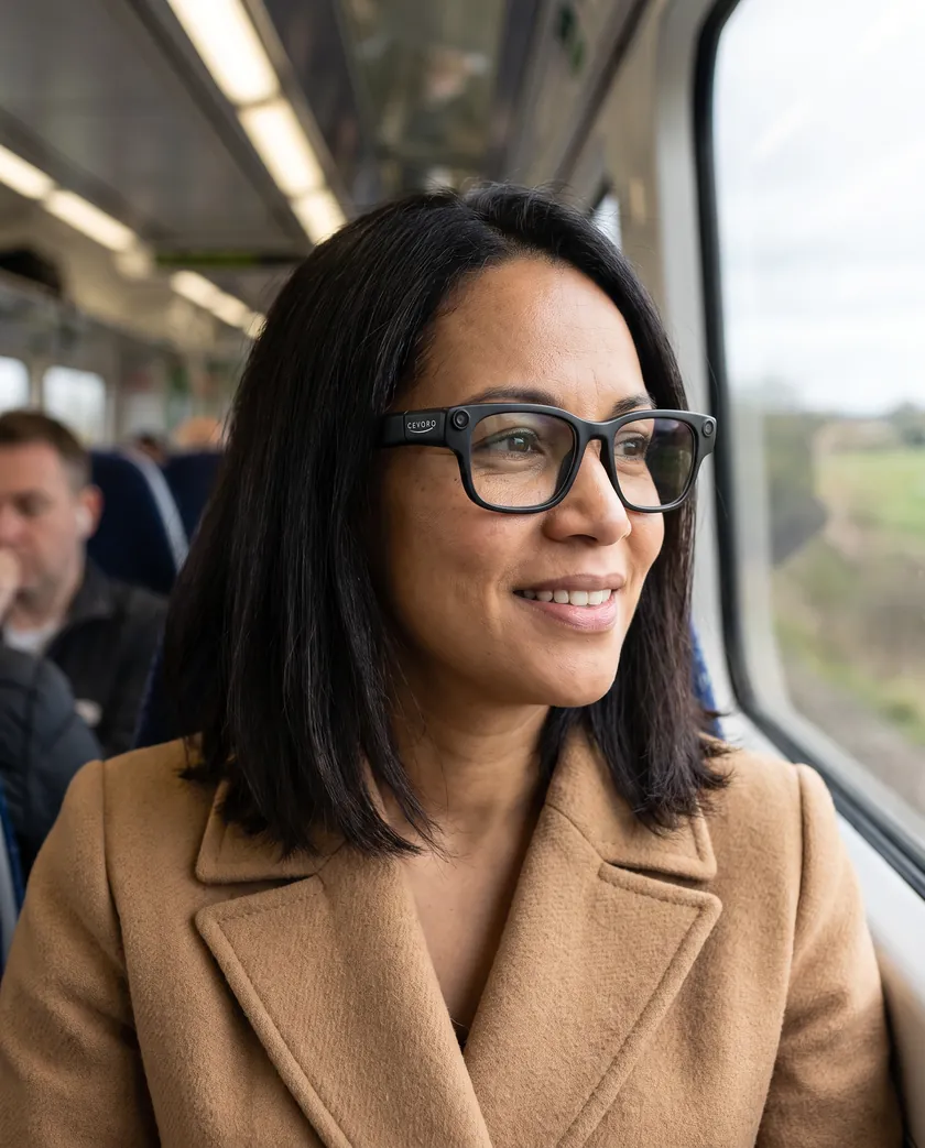 A woman wearing CEVORO glasses smiles, her face turned towards the window of a commuter train.