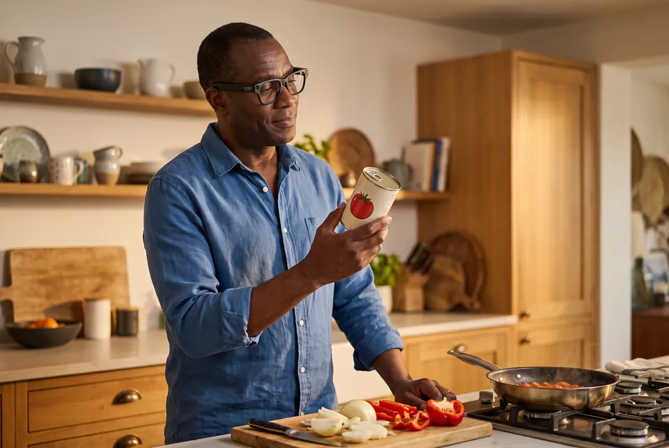 A man wearing CEVORO glasses holds up a tin of tomatoes while cooking, with sliced peppers and onion on the board in front of him.