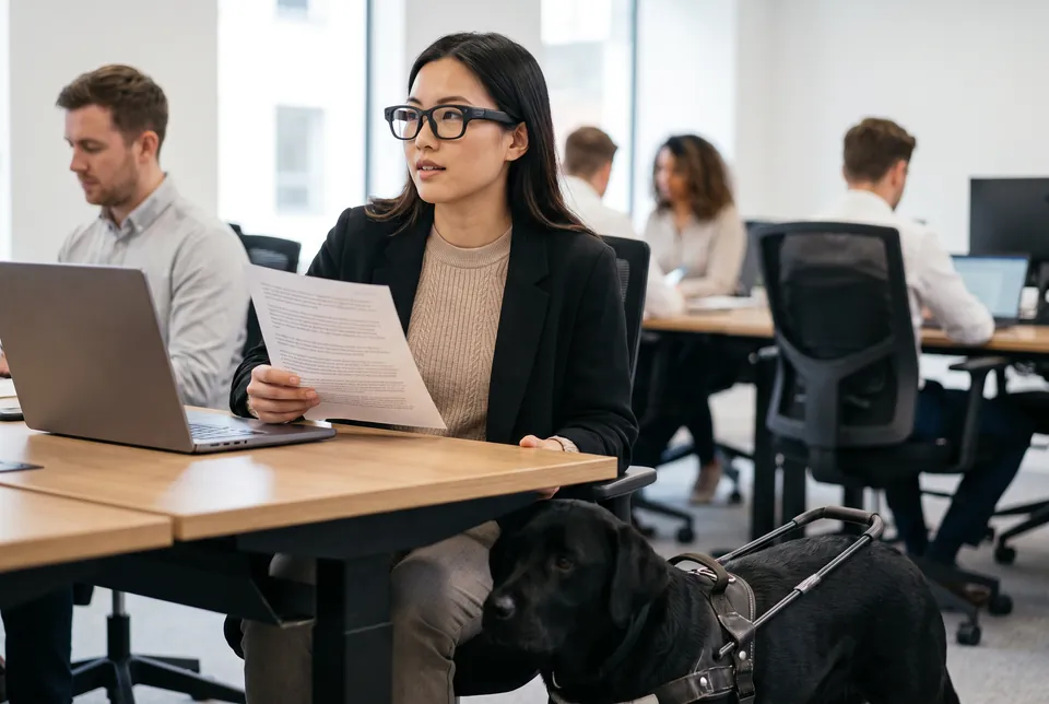 A woman wearing CEVORO glasses holds a printed document at her desk in a busy office, her guide dog resting beside her chair.