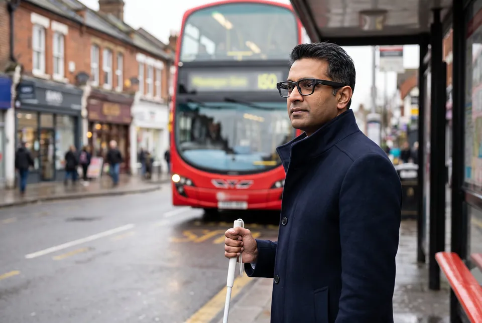 A man wearing CEVORO glasses waits at a bus stop holding his white cane as a red double-decker bus pulls in.