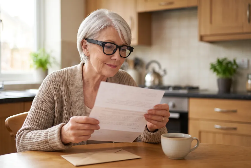 An older woman wearing CEVORO glasses holds an opened letter at her kitchen table, smiling slightly as she listens.
